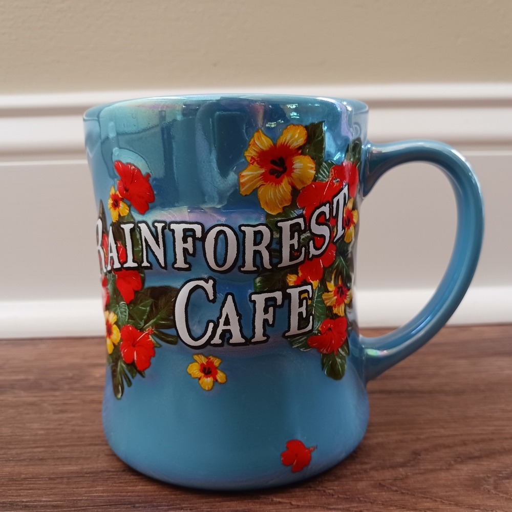 Rainforest Cafe Iridescent Blue Coffee Mug Tropical Hibiscus Flower Souvenir Cup